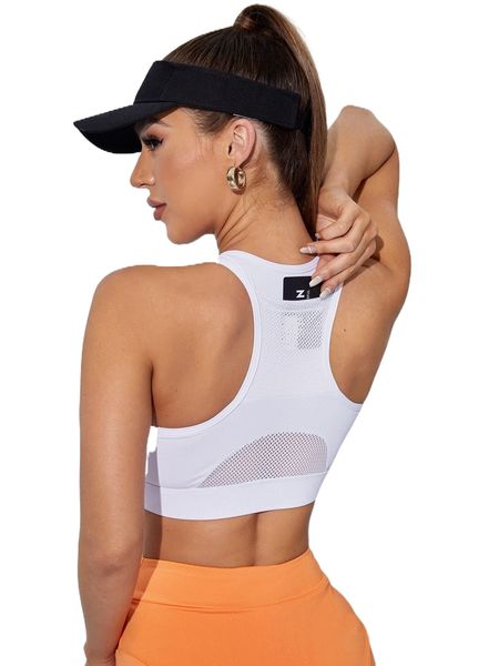 

zipper front breathable mesh racerback sports bra v8pm#, Gray