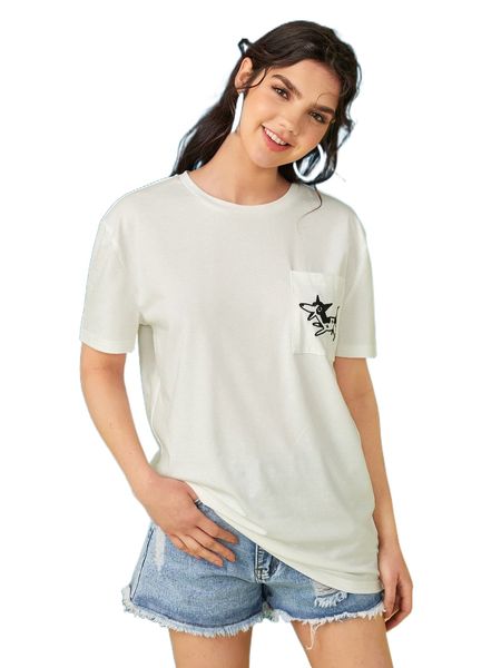 

x seanyboydraws dog embroidery patched pocket tee 88c0#, White