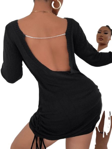 

rhinestone backless drawstring sweater dress w2yd#, White;black