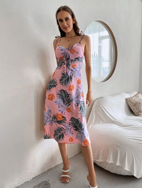 

tropical & floral print tie front cami dress n3c8#, Black;gray