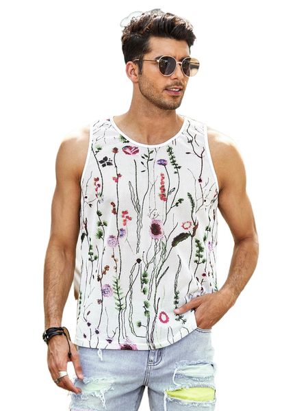 

men floral print tank 86ct#, White;black