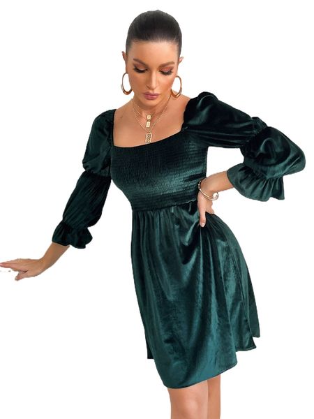 

square neck flounce sleeve shirred velvet dress a8qs#, Black;gray