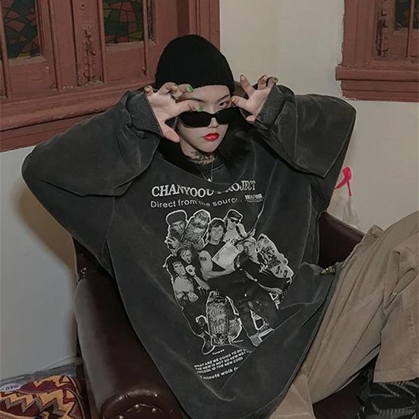 

houzhou grunge vintage gray women hoodies y2k aesthetic harajuku streetwear female sweatshirt e girl oversized print long sleeve 220804, Black