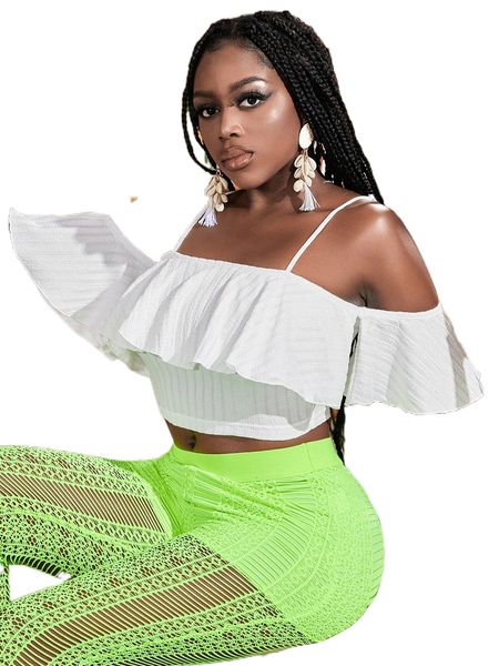 

cold shoulder ruffle trim crop tee v1bj#, White