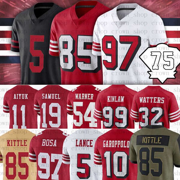 

85 george kittle 97 nick bosa football jerseys jimmy 5 trey lance garoppolo brandon aiyuk javon kinlaw deebo samuel fred warne joe montana, Black