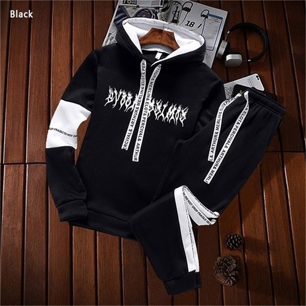 

men tracksuit sets men's casual hoodies sweatshirt suit male sportswear jogging running gym suit hoodiespants 2 pieces set 220813, Black