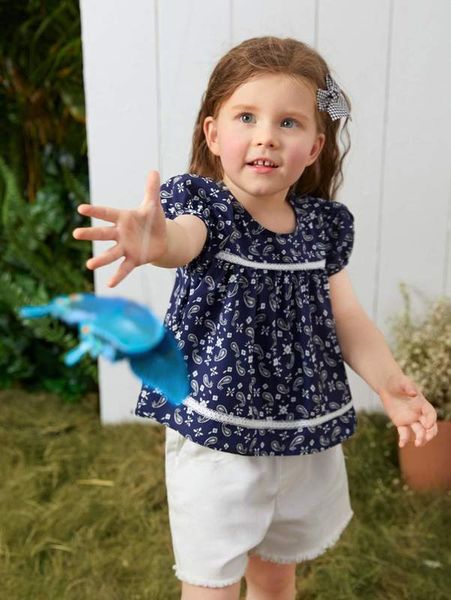 

toddler girls paisley print guipure lace insert blouse she, White;black