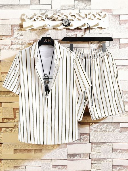 

men vertical striped button through shirt & slant pockets drawstring waist shorts without tee l63k#, Gray