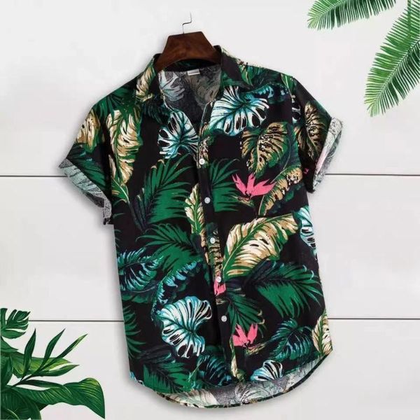 

men's t-shirts linen short sleeved shirt men summer flowers loose leisure hawaii holiday beach printed t-shirt button national stylemen, White;black