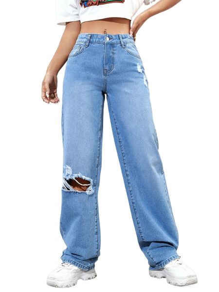 

zipper fly ripped boyfriend jeans q4xn#, Blue