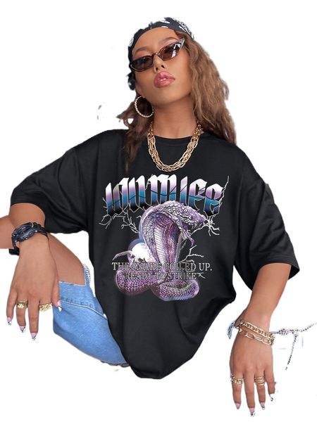 

snake & slogan graphic drop shoulder tee 89q6#, White