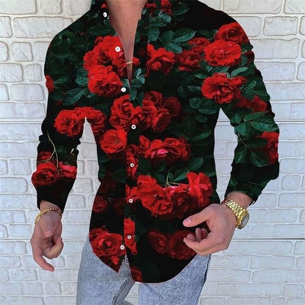Camicia da uomo manica lunga stampa floreale + fiore rosso abbigliamento autunno streetwear moda casual 220324