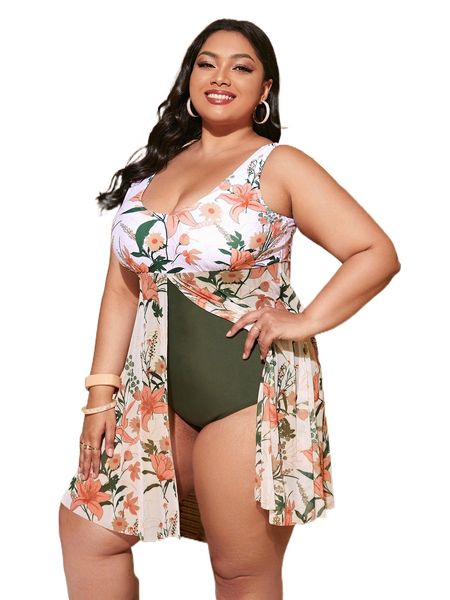 

plus floral print split one piece swimsuit 83dh#, White;black