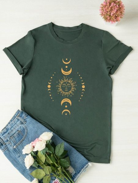 

plus moon & sun print tee r8z5#, Black