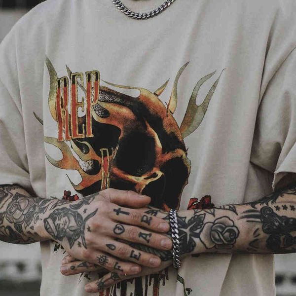 

expr american 21ss rose skeleton theme printed high street short sleeve t-shirt, White;black