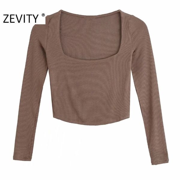 

zevity women simply square collar long sleeve chic camis tank ladies knitted vest slim t-shirt casual crop ls7272 220423, White