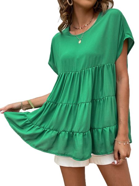 

keyhole back ruffle hem blouse k5x7#, White