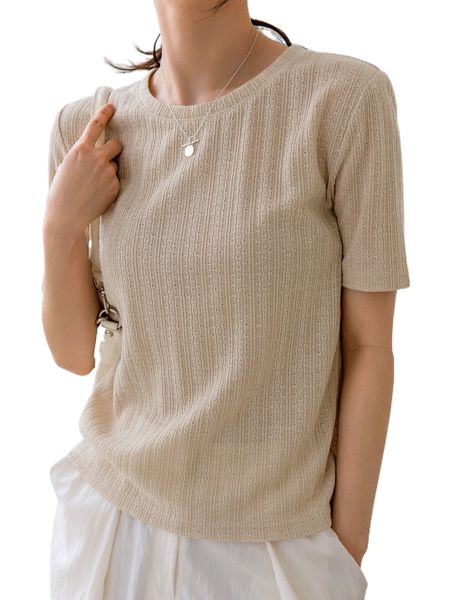 

dazy-less solid round neck textured tee n7fe#, White