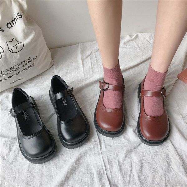 

sepatu lolita manis untuk wanita kawaii retro loafers hati mode kulit pu hitam coklat datar platform mary jane baru 220614, Black