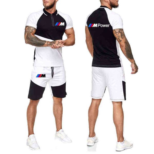 

summer 100% cotton men's t-shirt suit bmw m sports car print splicing collision trend men polo shirt+ shorts 2-piece set, White;black
