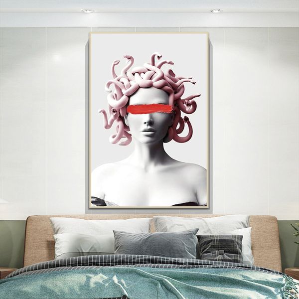 Pôster em tela de escultura de Medusa rosa Grafite pintura em tela de arte Capa de Medusa Face Criatividade Imagem de parede para decoração de sala de estar