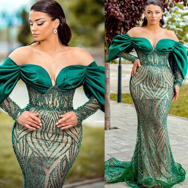 

2022 plus size arabic aso ebi dark green mermaid prom dresses sequined lace evening formal party second reception birthday engagement gowns, Black