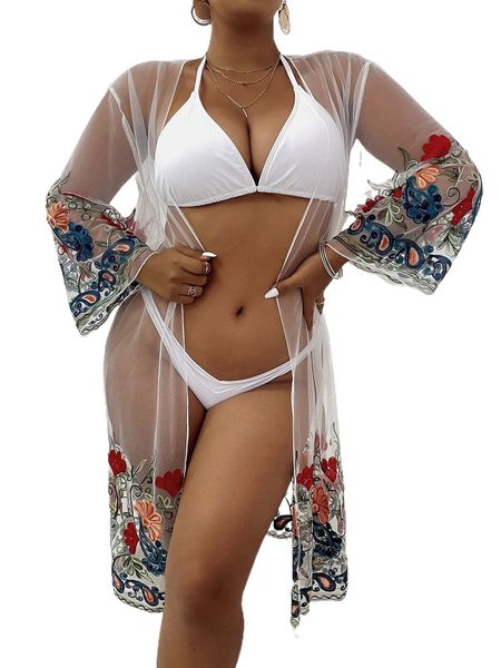 

plus paisley & floral embroidery kimono m82f#, Black;gray