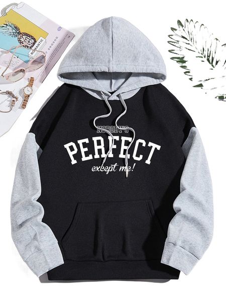 

slogan graphic colorblock kangaroo pocket drawstring hoodie y1pm#, Black