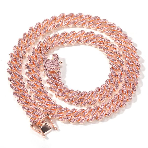 Correntes Hip Hop rosa strass rosa pavimentou bling gelo de 12 mm de colar de corrente de rhombus geométrico para homens jóias de rapper mulheres