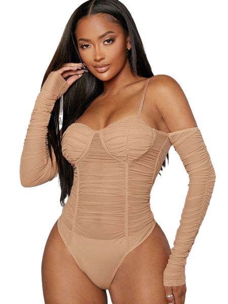 

cold shoulder ruched sheer mesh bodysuit without panty s98l#, White