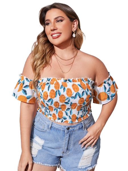 

plus fruit print off shoulder shirred frill trim s1gb#, Black