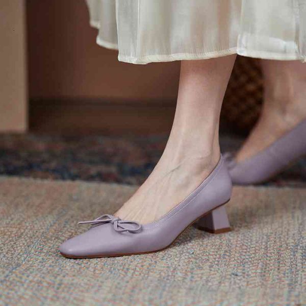 

sandals french high heels women's thick spring shallow mouth cow leather wedding shoes hepburn square head temperament single nrg4, Black