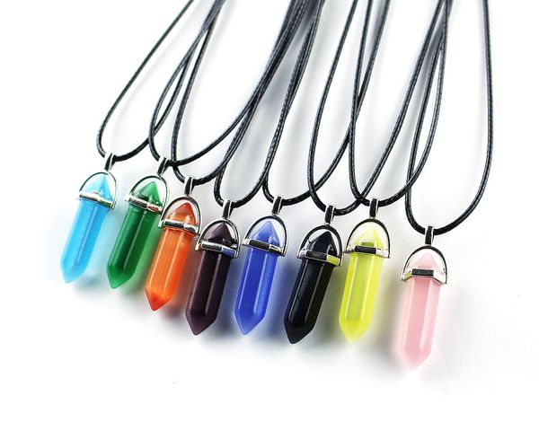 

natural crystal bullet hexagonal opal cat's eye pendant pu chian necklace for women jewelry, Silver