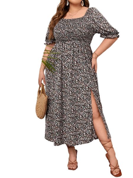 

plus ditsy floral print split thigh shirred dress l4aw#, Black