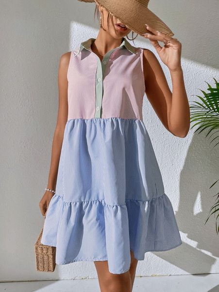 

striped colorblock button front ruffle hem smock dress 03ne#, Black;gray