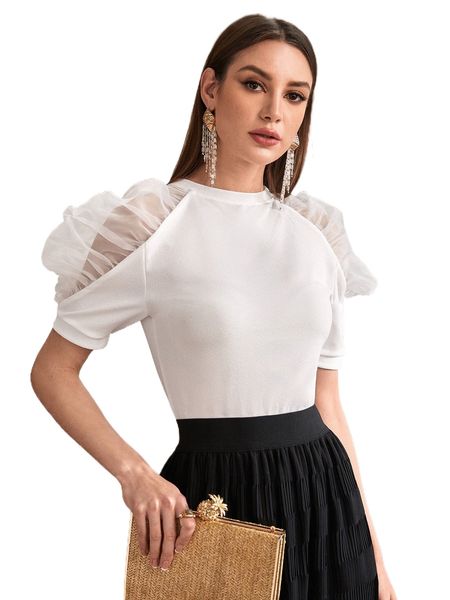 

contrast mesh ruched puff sleeve tee k6t8#, White