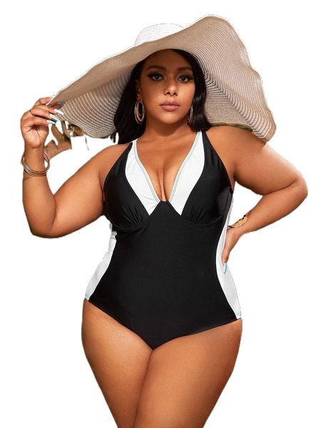 

plus colorblock criss cross ruched one piece swimsuit t2iz#, White;black