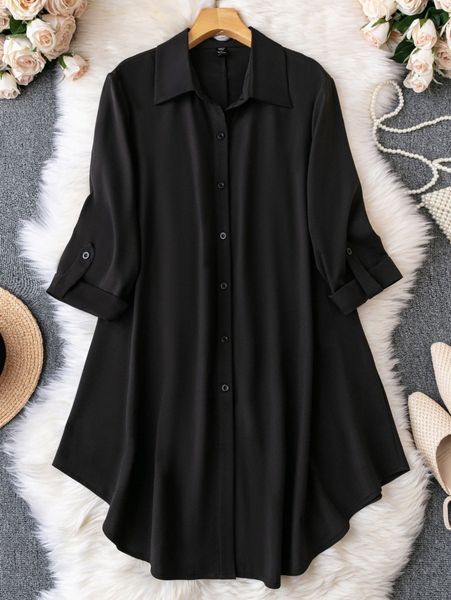 

plus roll tab sleeve shirt dress s59h#, Black