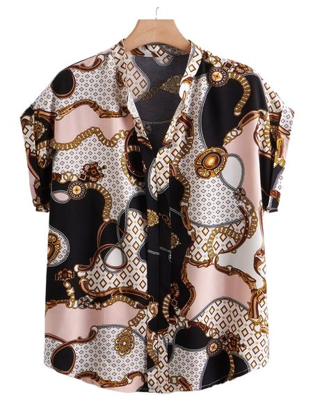 

plus chain print batwing sleeve blouse f5jg#, Black