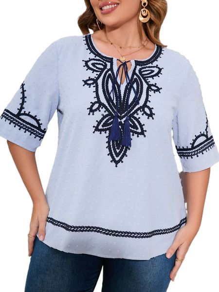 

plus tie neck embroidery graphic swiss dot blouse 11sv#, Black