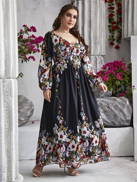

plus floral print v neck dress 00a7#, Black