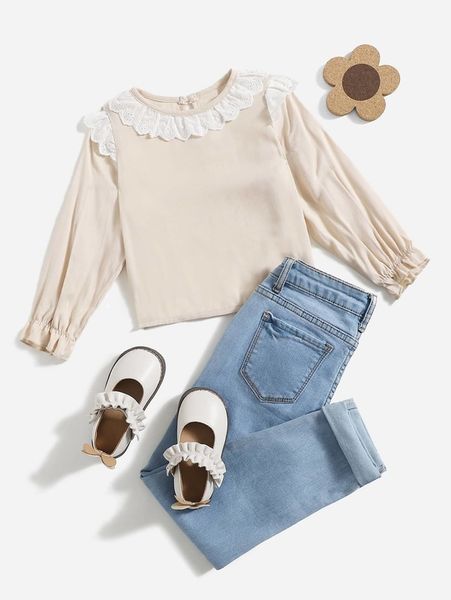 

girls' mesh embroidered ruffle shirt she, White;black