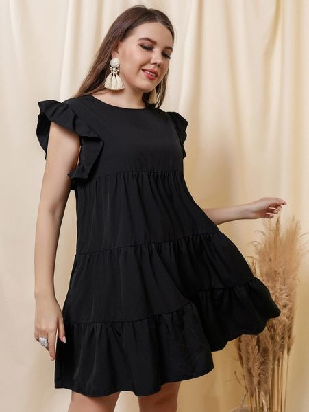 

plus ruffle trim keyhole back smock dress i1qv#, Black