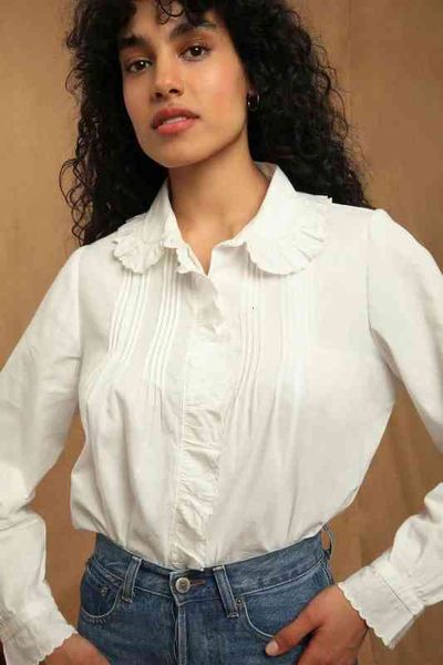 

women's blouses shirts legal system ro spring and summer product cotton sweet ruffle lapel long sleeve shirt female legal, White