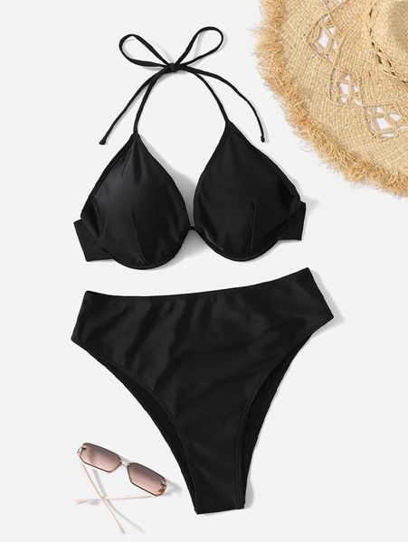 

plus plain halter push up high waisted bikini swimsuit 21sw#, White;black