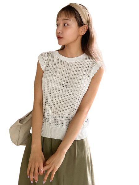 

dazy scallop trim pointelle knit sweater vest without bra e6tm#, White;black