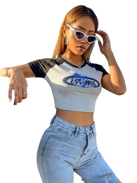 

letter & palm tree print colorblock raglan sleeve crop tee j5w0#, White