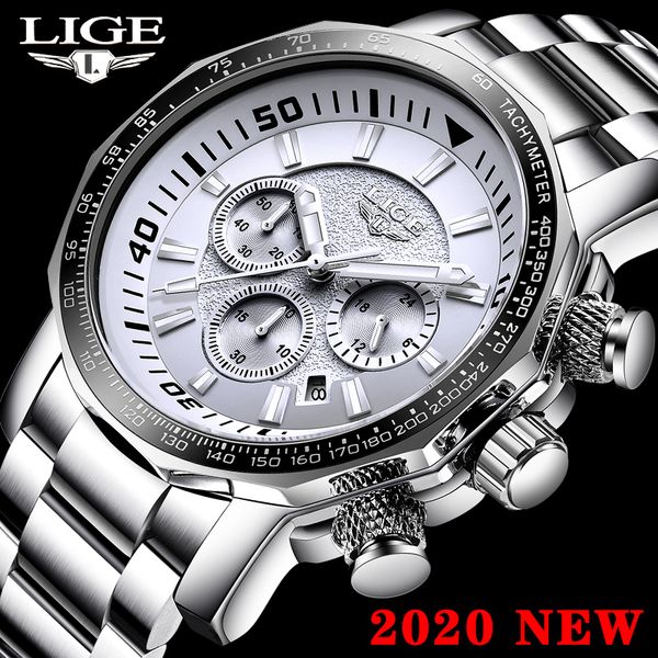 

2020 lige men watches brand luxury wrist watch male waterproof military sport watch men full steel quartz clock reloj hombre, Silver