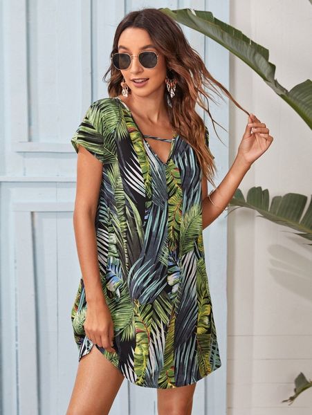 

batwing sleeve tropical print dress s9sm#, Black;gray