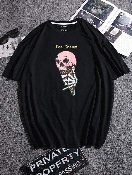 

men letter & skeleton print drop shoulder tee l0x6#, White;black